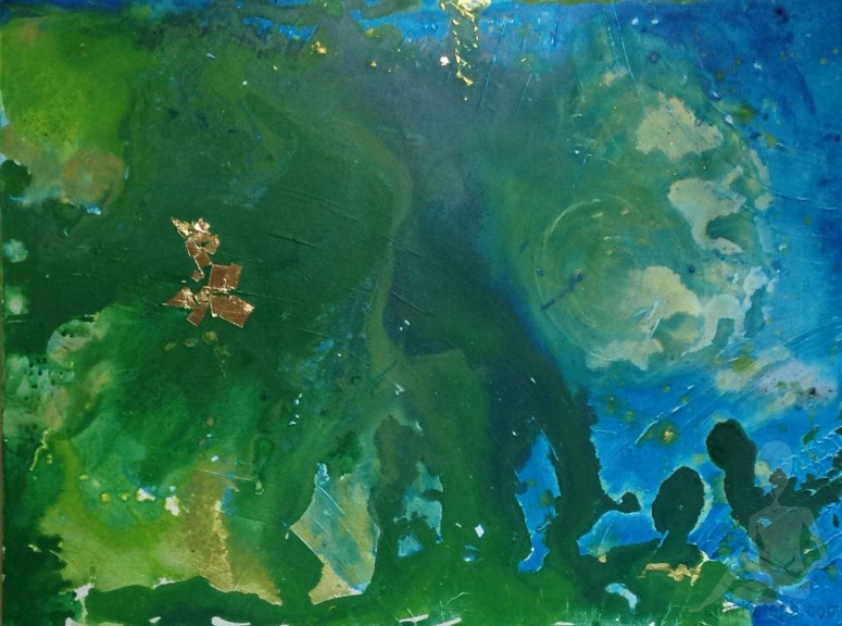 Green, Blue, Aqua, Gold leaf abstract painting by Konu