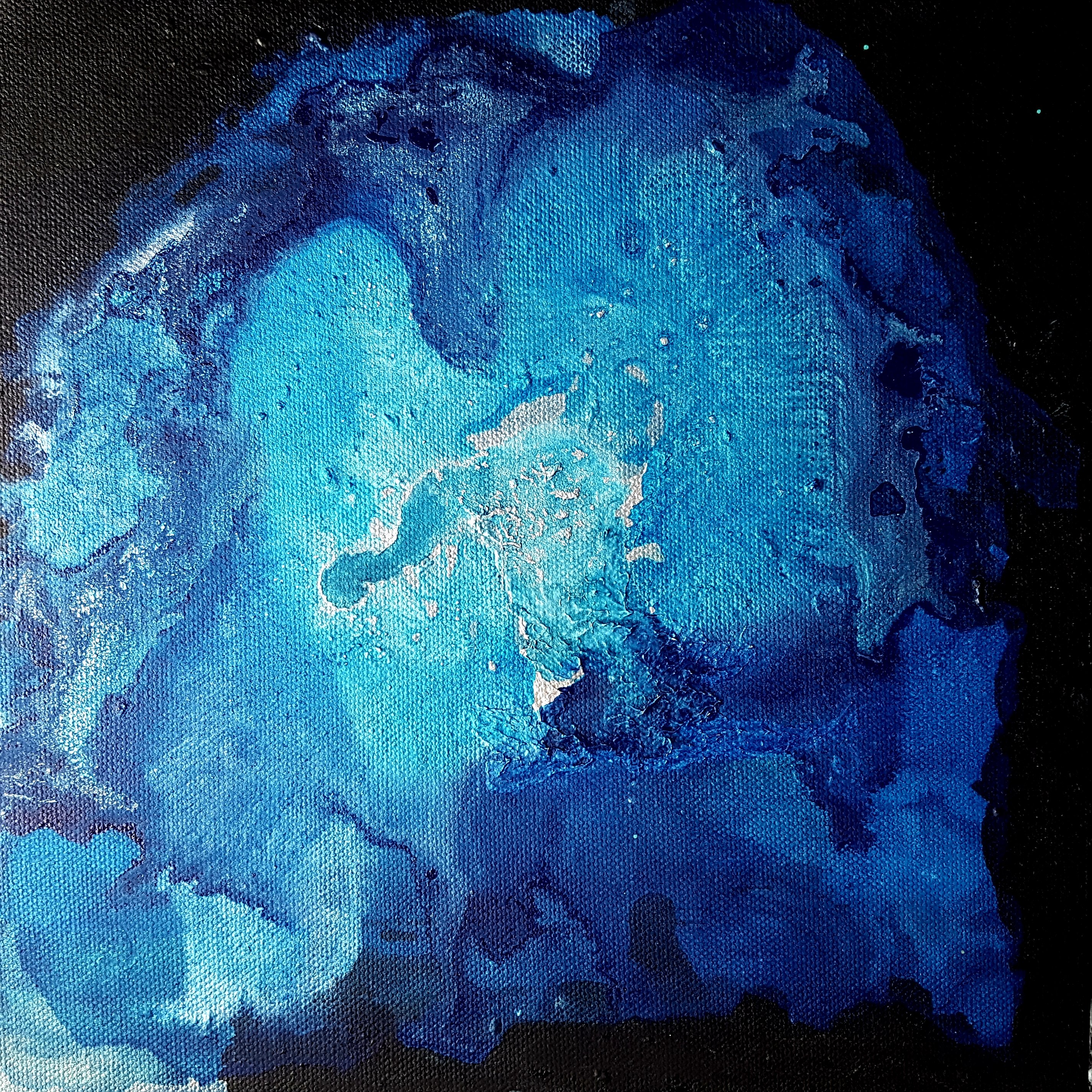blue and silver acrylic painting with deep black background