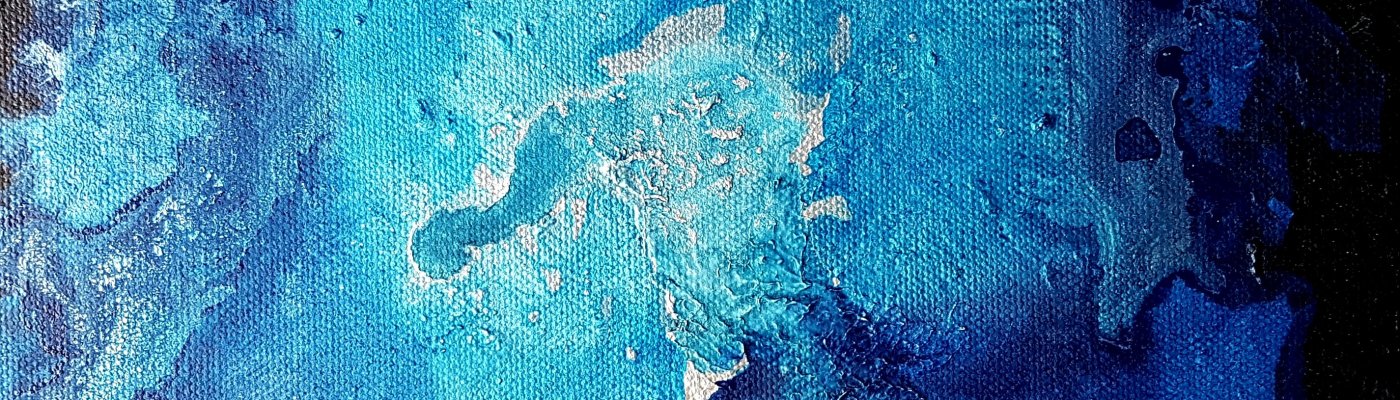 blue and silver acrylic painting with deep black background