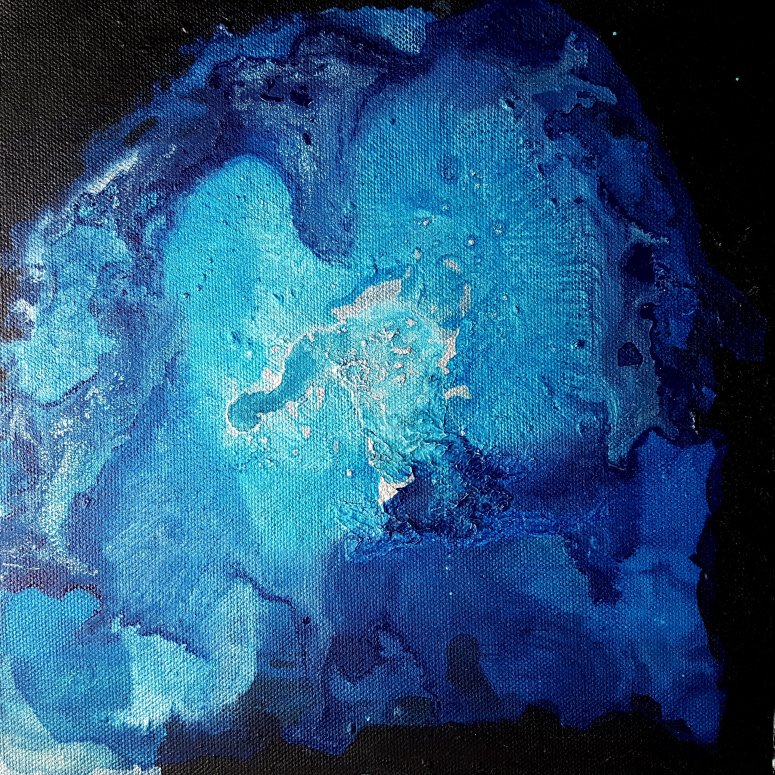 blue and silver acrylic painting with deep black background