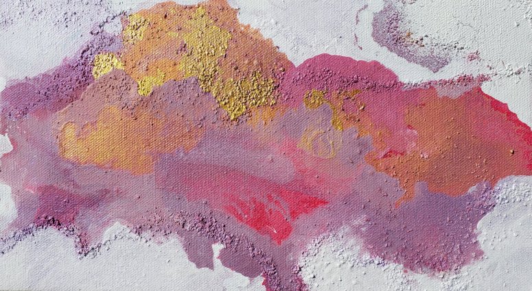 Pink, magenta, gold inkblot bright colour with white negative space.