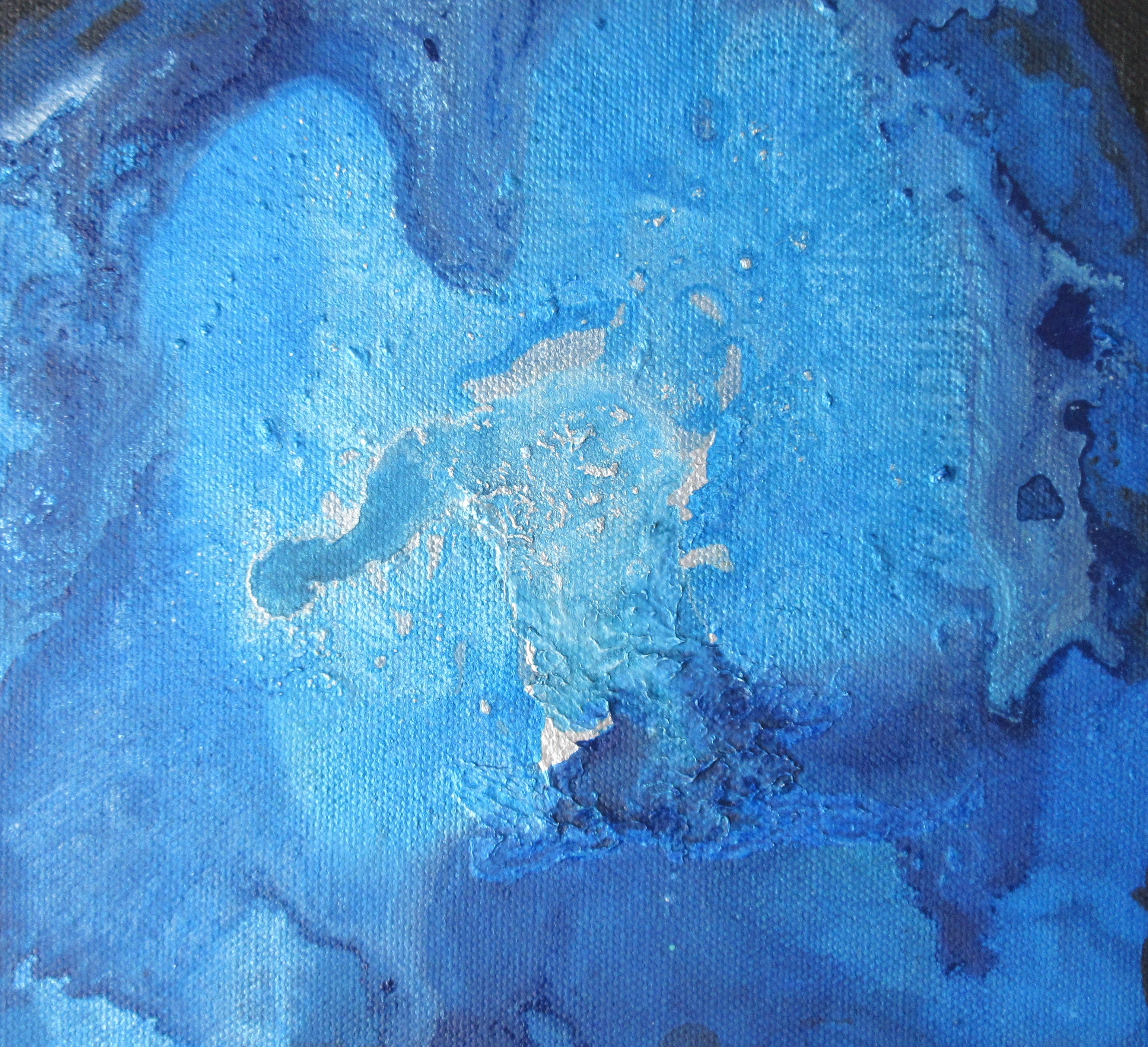 blue and silver acrylic painting with deep black background