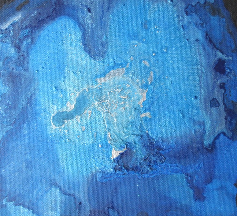 blue and silver acrylic painting with deep black background