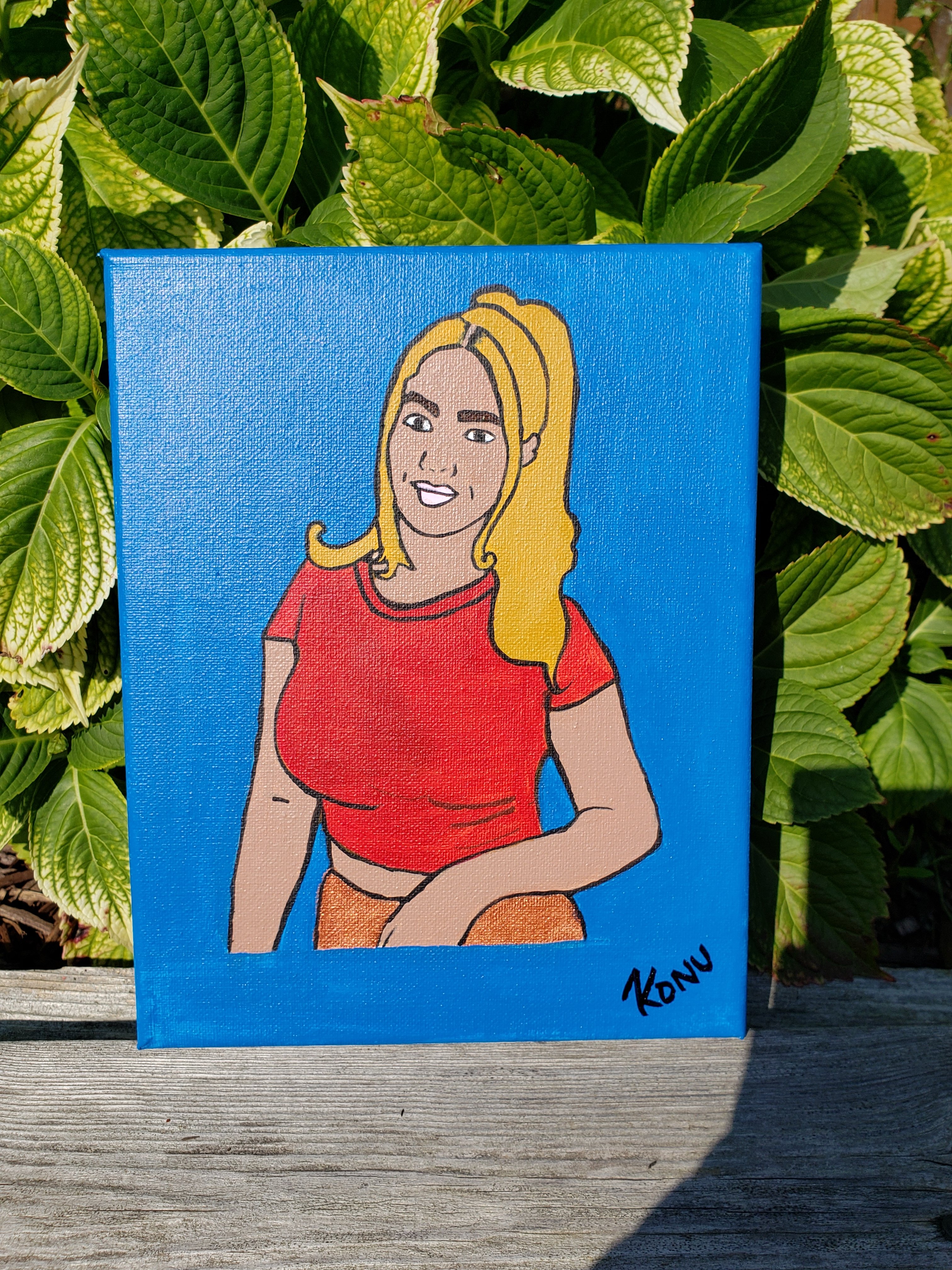 Young woman of colour 1 of 2 acrylic on canvas with green shirt and blonde hair 