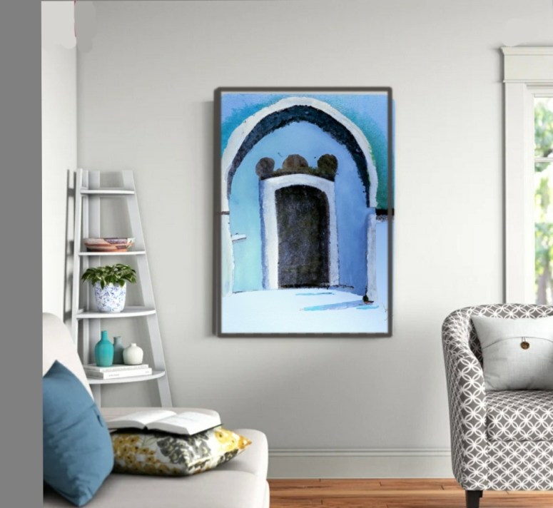Blue castle art on wall staged