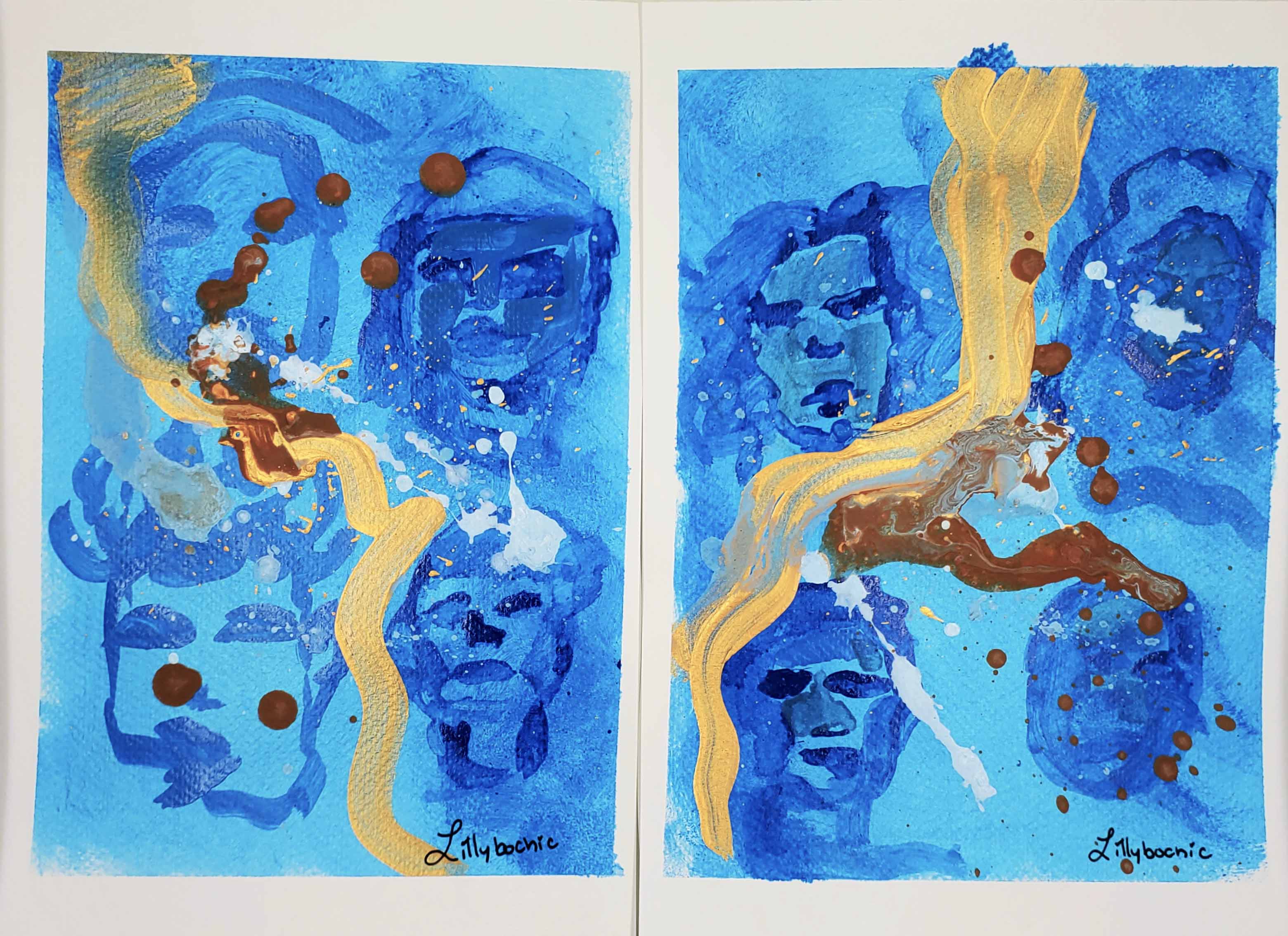 Custom Blue and Gold ocean landscape DARK NAVY BLUE WITH GOLD ACCENTS
Blue Ocean Landscape August 
Custom Blue and gold ocean landscape by Stephanie Konu aka Lillybochic
Gold and blue abstract figures of faces 