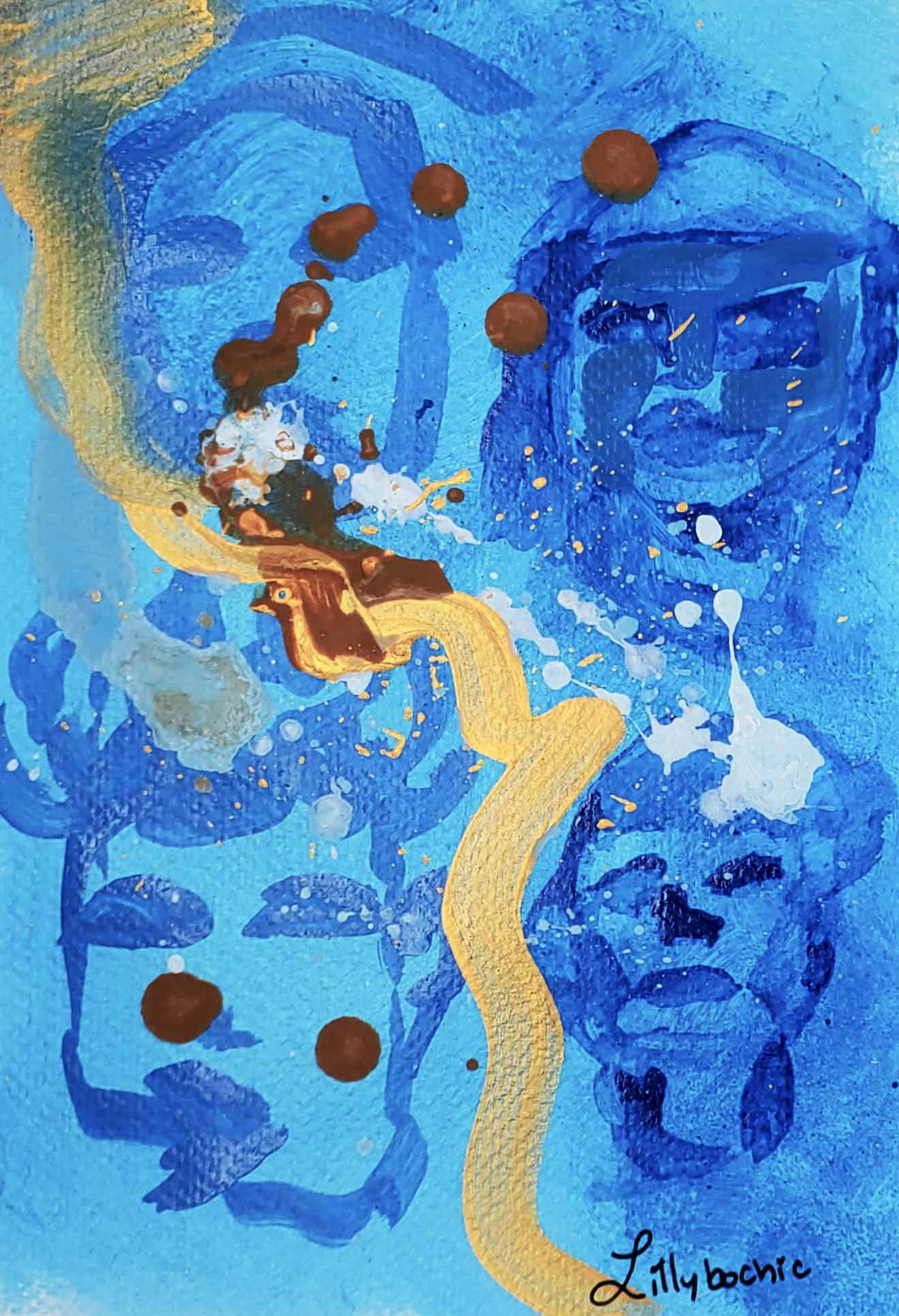 Custom Blue and Gold ocean landscape DARK NAVY BLUE WITH GOLD ACCENTS
Blue Ocean Landscape August 
Custom Blue and gold ocean landscape by Stephanie Konu aka Lillybochic
Gold and blue abstract figures of faces 