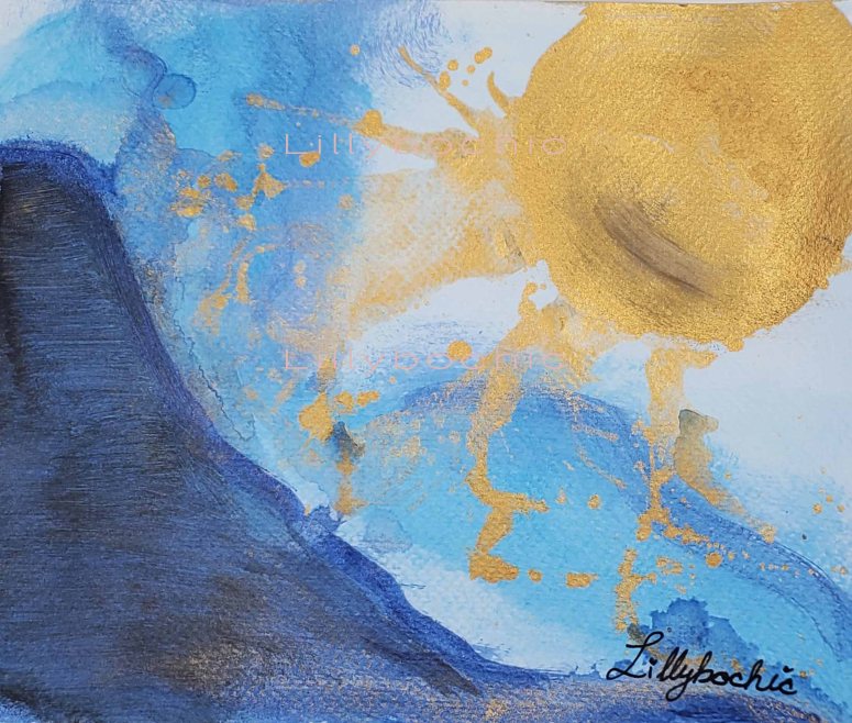 Custom Blue and Gold ocean landscape with mountain and large gold sun
