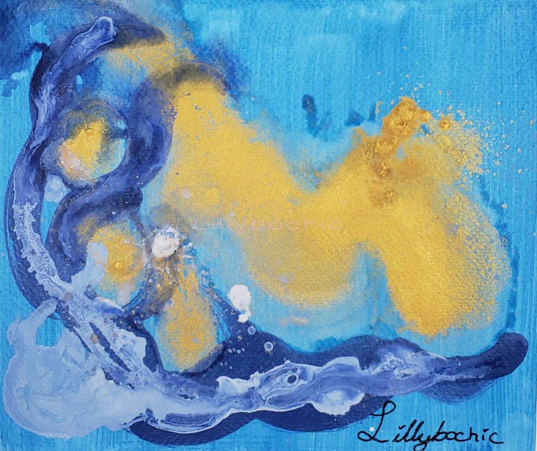 Blue and Gold Ocean Abstract 7 x 10