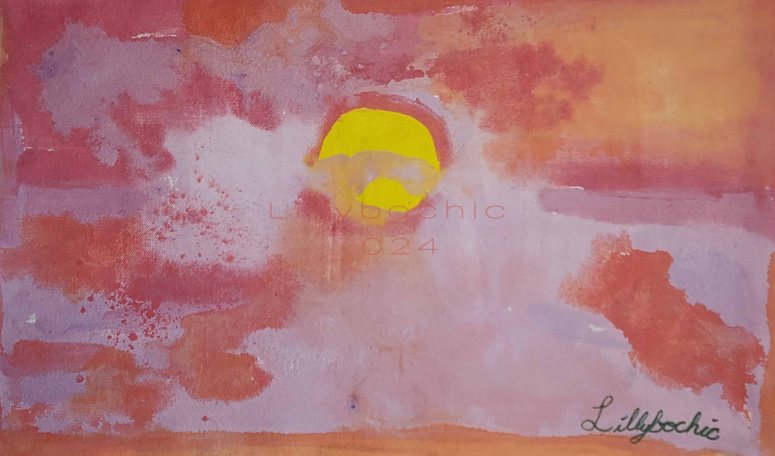 Abstract landscape cotton candy pink sunrise with yellow sun