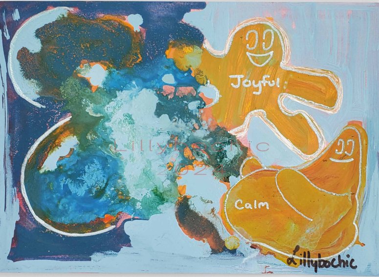 Abstract psychedelic panting with gingerbread and blob embedded words "Joyful" and "Calm"