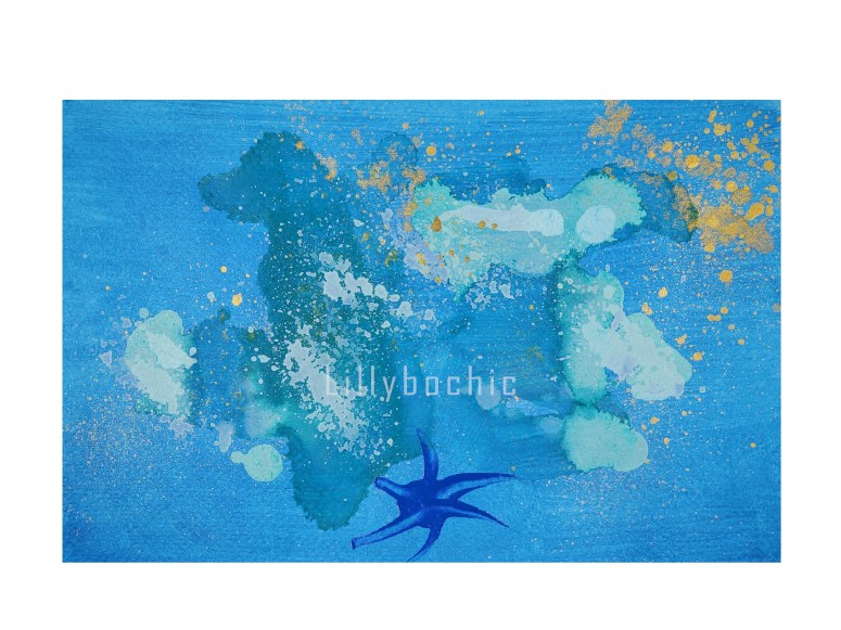 Happy blue custom colour background with turquoise and white clouds and gold sun accents. Abstract landscape