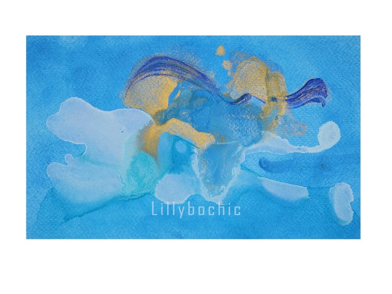 Happy Blue painting in acrylic on water colour paper featuring happy blue, turquoise, white and gold. Abstract image using acrylic flow techniques