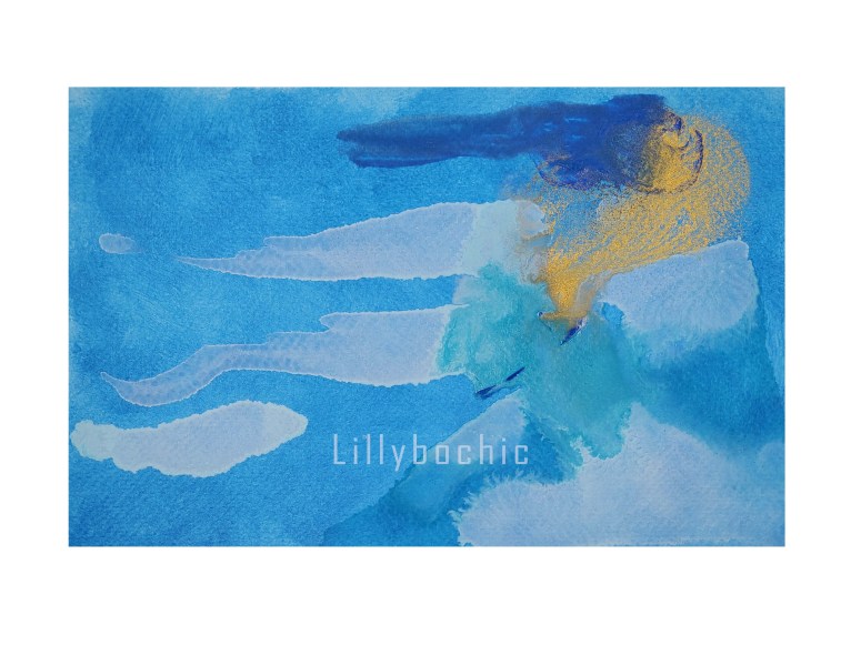 Happy Blue painting in acrylic on water colour paper featuring happy blue, turquoise, white and gold. Abstract image using acrylic flow techniques