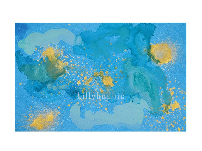 Happy blue acrylic painting on watercolour paper with black gold and turquoise.