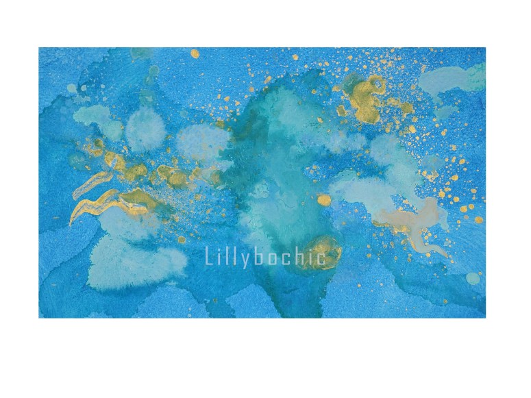 Happy blue acrylic painting on watercolour paper with black gold and turquoise.