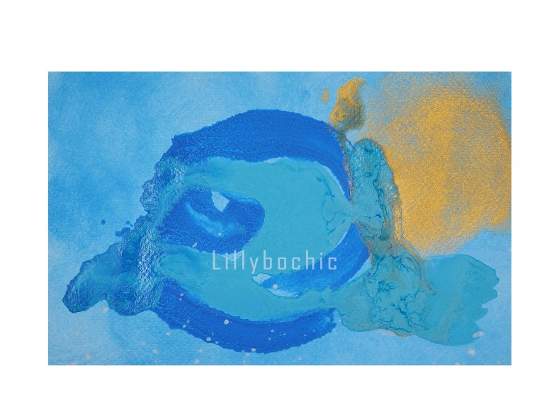 Happy Blue painting in acrylic on water colour paper featuring happy blue, turquoise, white and gold. Abstract image using acrylic flow techniques