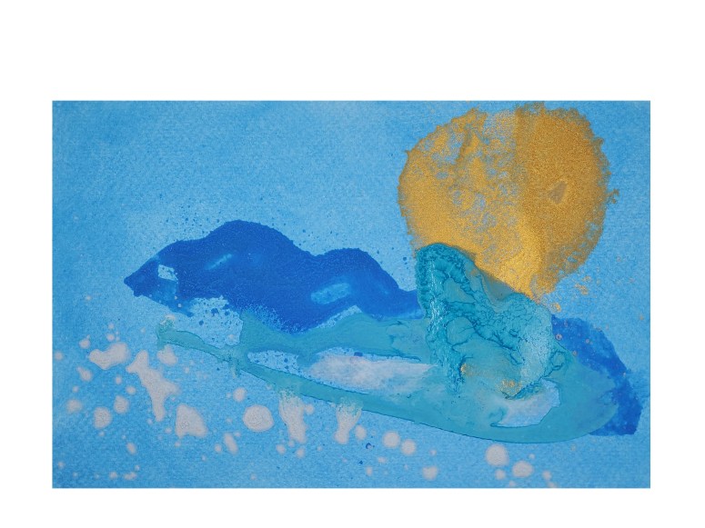 Beautiful Abstract sun painting with gold, cerulean blue waves, turquoise, and silver splashes.