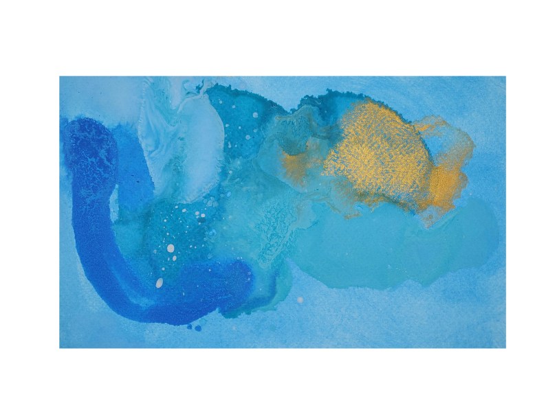 Beautiful Abstract sun painting with gold, cerulean blue waves, turquoise, and silver splashes.