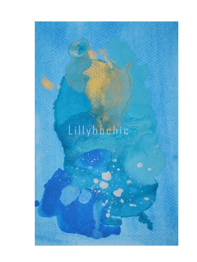 Gold and blue abstract acrylic abstract landscape with silver, cerulean blue