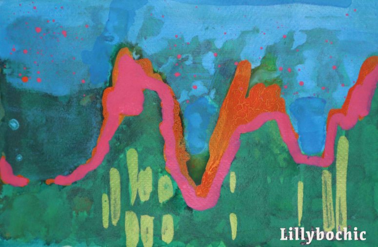 Orange and pink hillside with green trees abstract landscape Lillybochic 2025