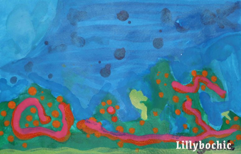 green hillside grass with orange and pink fire embers floating up to a blue sky Lillybochic aka stephanie Konu