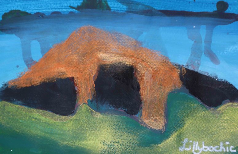 Lillybochic aka Stephanie Konu- Orange lava flow over dark mountain range with green grass in foreground