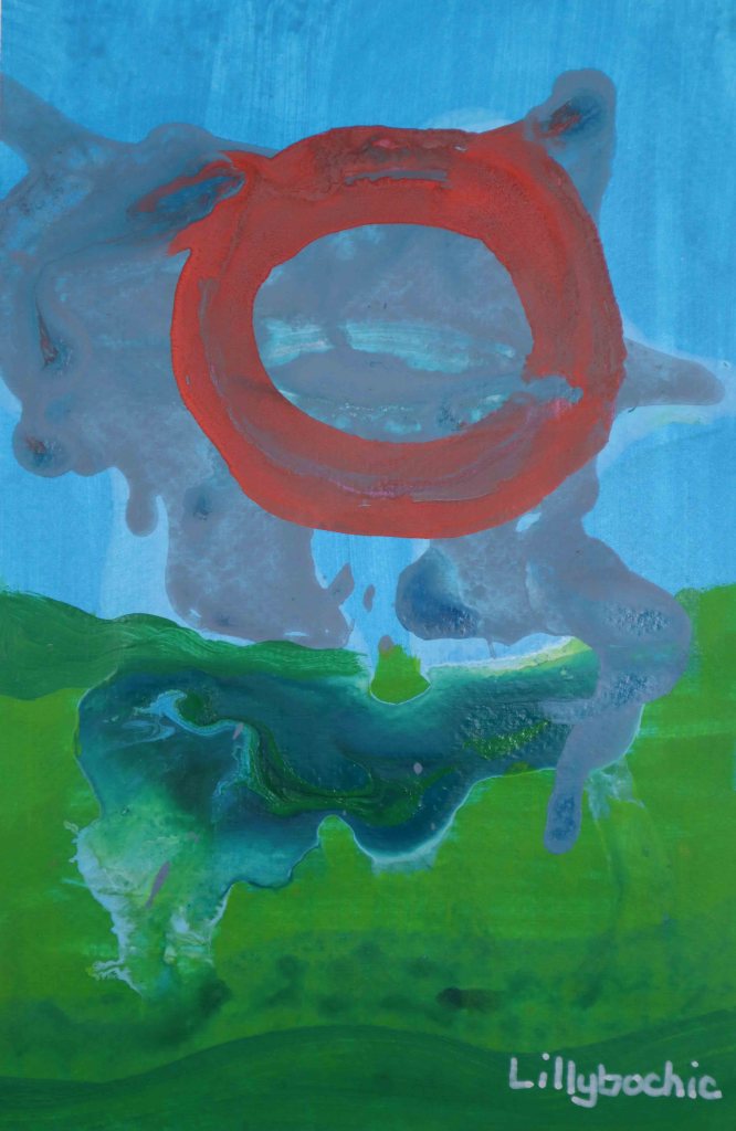 2025. Acrylic on Watercolour Paper. Lillybochic. Apricot Sun over misty land