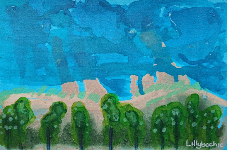 Enjoy the tranquil essence of nature with this captivating landscape painting, an original piece by the artist LillyBochic. Measuring 9x12 inches, this abstract-impressionistic artwork invites viewers to a serene visual journey. The painting is a one-of-a-kind creation, signed by the artist, ensuring its authenticity and unique allure.With a deft touch, LillyBochic brings to life the subtle interplay of light and form, characteristic of her style. The treeline motif, rendered in acrylics on high-quality paper, is an ode to the majestic beauty of untamed landscapes. This piece, unframed, offers the flexibility to match any decor, making it a timeless addition to your art collection.