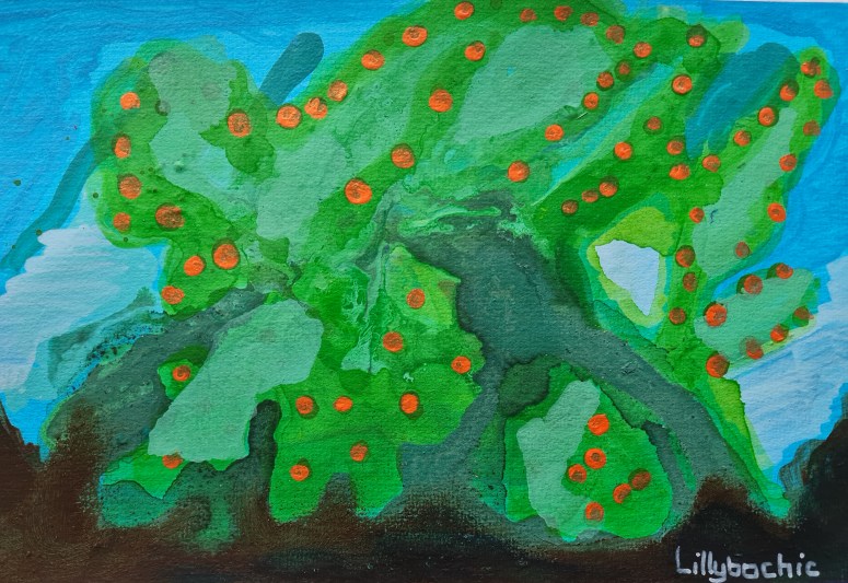 Enjoy the tranquil essence of nature with this captivating landscape painting, an original piece by the artist LillyBochic. Measuring 9x12 inches, this abstract-impressionistic artwork invites viewers to a serene visual journey. The painting is a one-of-a-kind creation, signed by the artist, ensuring its authenticity and unique allure. LillyBochic brings to life the subtle interplay of light and form, characteristic of her style. The treeline motif, rendered in acrylics on high-quality paper, is an ode to the majestic beauty of untamed landscapes. This piece, unframed, offers the flexibility to match any decor, making it a timeless addition to your art collection.